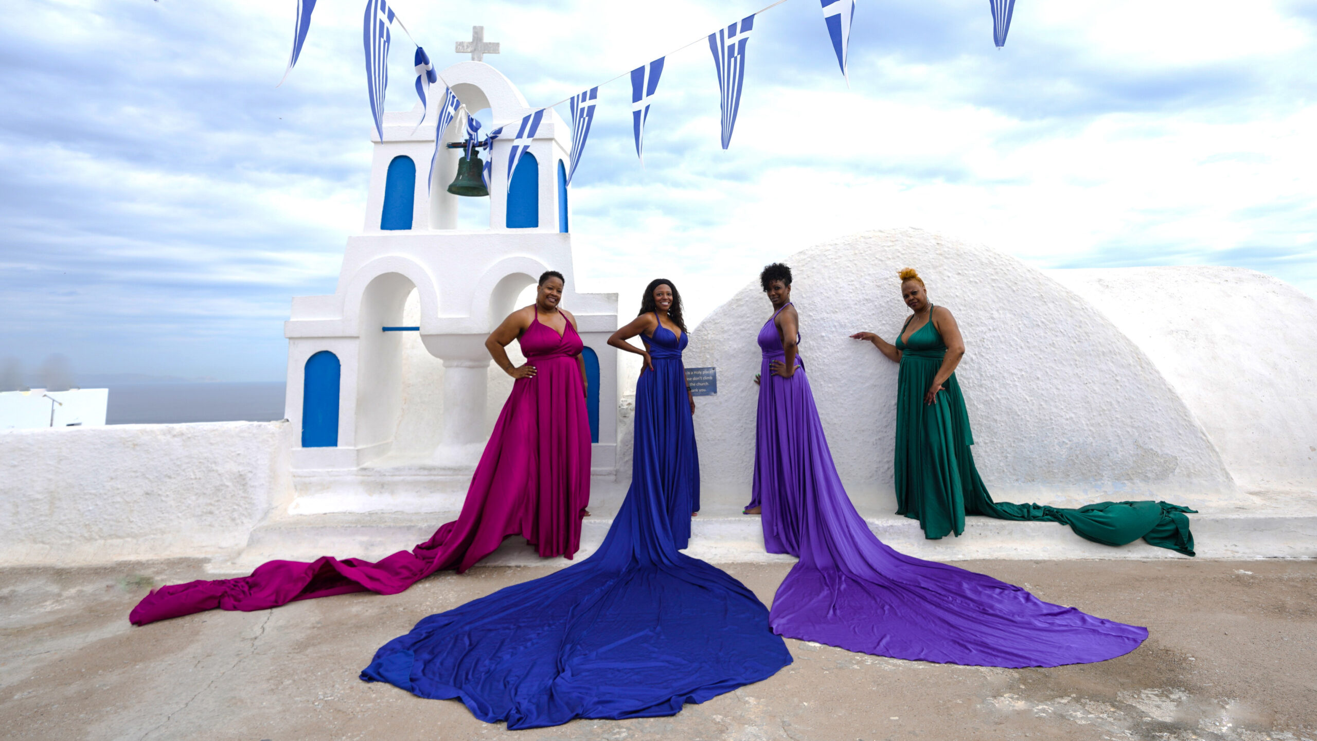 Group photo in Santorini Flying Dresses